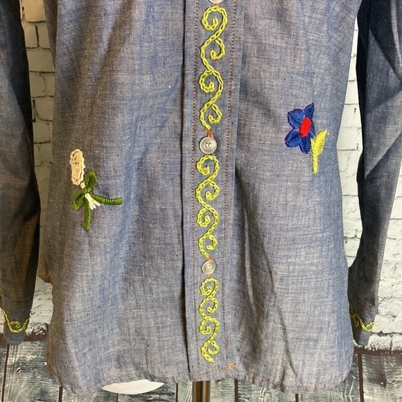 Levi’s Embroidered Chambray Shirt Vintage 70s S Hippie Western Cowboy Rockabilly - Picture 6 of 16